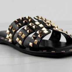 Amisha Womens Stud Embellished Triple Strap Flat Slip On Sandals