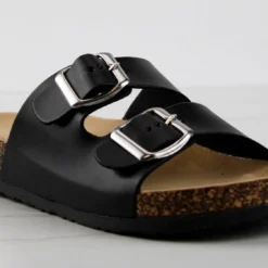 Forever Berk 11 Womens Double Buckle Embellished Cork Sole Slip On Sandals