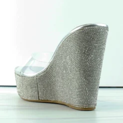 Bamboo Chosen 34 Womens Clear Strap Rhinestone Wedge Mules -sbwshoes shop Chosen34 1