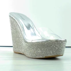 Bamboo Chosen 34 Womens Clear Strap Rhinestone Wedge Mules