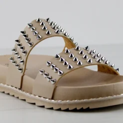 Forever Goth 33 Womens Double Band Spike Embellished Slip On Sandals -sbwshoes shop Goth33Beige 1