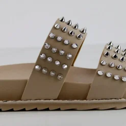 Forever Goth 33 Womens Double Band Spike Embellished Slip On Sandals -sbwshoes shop Goth33Beige 2