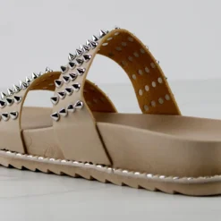 Forever Goth 33 Womens Double Band Spike Embellished Slip On Sandals -sbwshoes shop Goth33Beige 3