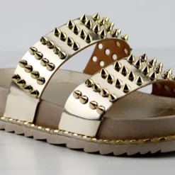Forever Goth 33 Womens Double Band Spike Embellished Slip On Sandals -sbwshoes shop Goth33Gold 1