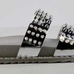 Forever Goth 33 Womens Double Band Spike Embellished Slip On Sandals -sbwshoes shop Goth33Silver 2