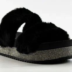 Kristen 11 Womens Double Faux Fur Band Platform Slides With Rhinestone Embellishment -sbwshoes shop Kristen11Black 1