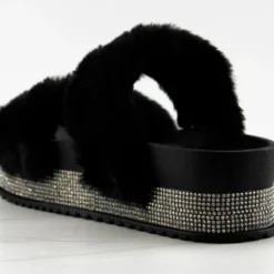 Kristen 11 Womens Double Faux Fur Band Platform Slides With Rhinestone Embellishment -sbwshoes shop Kristen11Black 3