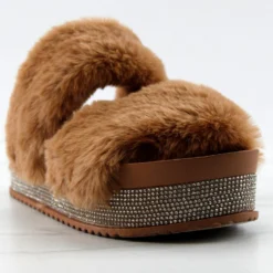 Kristen 11 Womens Double Faux Fur Band Platform Slides With Rhinestone Embellishment