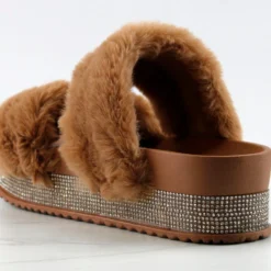 Kristen 11 Womens Double Faux Fur Band Platform Slides With Rhinestone Embellishment -sbwshoes shop Kristen11Camel 3