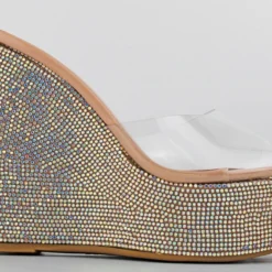 Bamboo Chosen 34 Womens Clear Strap Rhinestone Wedge Mules -sbwshoes shop chosen34nude