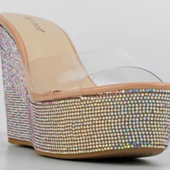 Bamboo Chosen 34 Womens Clear Strap Rhinestone Wedge Mules -sbwshoes shop chosen34nude2