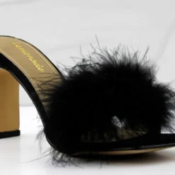 Honeymoon Womens Faux Feahter Square Toe Heeled Sandals