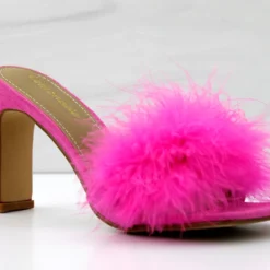 Honeymoon Womens Faux Feahter Square Toe Heeled Sandals -sbwshoes shop honeymoonfuschia 1