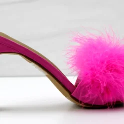 Honeymoon Womens Faux Feahter Square Toe Heeled Sandals -sbwshoes shop honeymoonfuschia 2