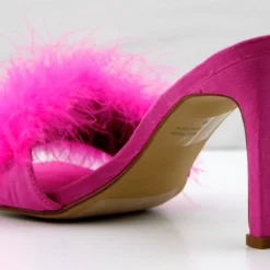 Honeymoon Womens Faux Feahter Square Toe Heeled Sandals -sbwshoes shop honeymoonfuschia 3
