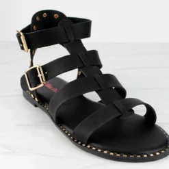 Minimal 58 Womens Open Toe Dual Buckle Studded Flat Caged Gladiator Sandals