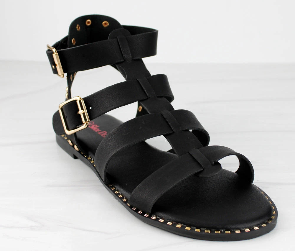 Minimal 58 Womens Open Toe Dual Buckle Studded Flat Caged Gladiator Sandals 1 Minimal 58 Womens Open Toe Dual Buckle Studded Flat Caged Gladiator Sandals