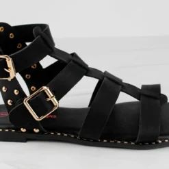 Minimal 58 Womens Open Toe Dual Buckle Studded Flat Caged Gladiator Sandals 14 Minimal 58 Womens Open Toe Dual Buckle Studded Flat Caged Gladiator Sandals -sbwshoes shop minimal58black 2