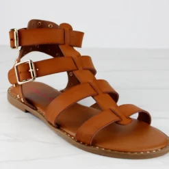 Minimal 58 Womens Open Toe Dual Buckle Studded Flat Caged Gladiator Sandals 16 Minimal 58 Womens Open Toe Dual Buckle Studded Flat Caged Gladiator Sandals -sbwshoes shop minimal58tan 1