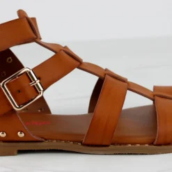 Minimal 58 Womens Open Toe Dual Buckle Studded Flat Caged Gladiator Sandals 18 Minimal 58 Womens Open Toe Dual Buckle Studded Flat Caged Gladiator Sandals -sbwshoes shop minimal58tan 2