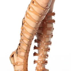 Forever Atta 17 Womens Knee High Buckle Embellish Caged Gladiator Sandals