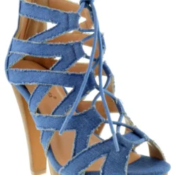Table 8 Womens Peep Toe High Heel Caged Lace Up Strappy Sandals9 -sbwshoes shop table 8 denim 1