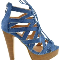 Table 8 Womens Peep Toe High Heel Caged Lace Up Strappy Sandals9 -sbwshoes shop table 8 denim 2