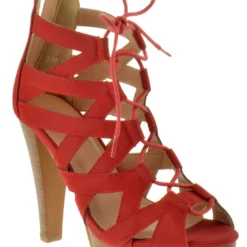 Table 8 Womens Peep Toe High Heel Caged Lace Up Strappy Sandals9 -sbwshoes shop table8 red 1