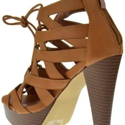 Table 8 Womens Peep Toe High Heel Caged Lace Up Strappy Sandals9 -sbwshoes shop table8tan2